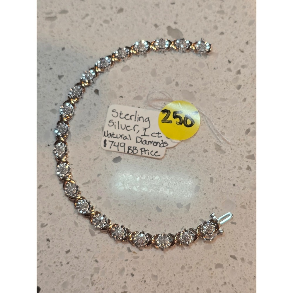 Sterling Silver 1ct Natural Diamond X and O Tennis Bracelet 7 Inch